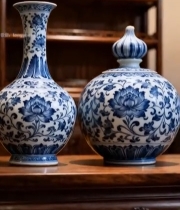  中式家具上的青花瓷瓶特写7428#竖屏 	 