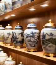  展柜中的精美青花瓷罐2563#竖屏 	 