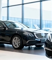  展厅内商务人士与轿车合影4977#竖屏 	 