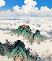  云海中的中式山峰与建筑3184#竖屏 	 