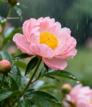  雨中绽放的粉色芍药花2474#竖屏 	 