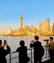  游客外滩拍摄东方明珠景观7509#竖屏 	 