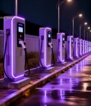  夜间道路旁的新能源汽车充电桩3134#竖屏 	 