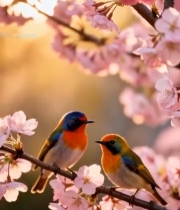  樱花树枝上的彩色小鸟(1)4003#竖屏 	 