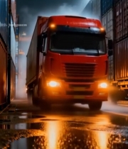  夜晚集装箱旁行驶的红色货车2197#竖屏 	 