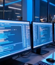  夜间办公室多台电脑编程画面7382#竖屏 	 