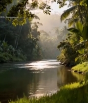  阳光照耀下的森林河流风光5035#竖屏 	 