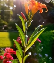  阳光下绽放的橙红色花朵2911#竖屏 	 