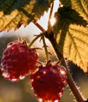  阳光下带露珠的树莓果实4262#竖屏 	 