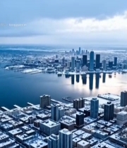  雪后城市高楼与水域全景4341#竖屏 	 