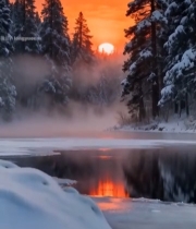  雪林湖畔日落美景7548#竖屏 	 