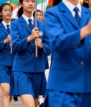  学生列队举彩旗行进2783#竖屏 	 