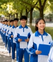  校园里中学生排队行走画面2352#竖屏 	 