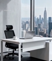  现代办公室内办公桌与城市景观4891#竖屏 	 