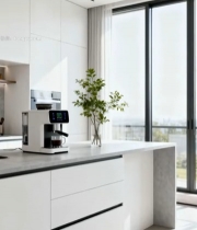  现代厨房白色橱柜及咖啡机804#竖屏 	 