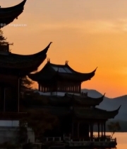  西湖畔古建筑日落景色5261#竖屏 	 