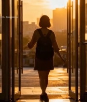  夕阳下女孩背背包走出玻璃门1765#竖屏 	 