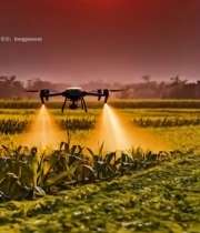  夕阳下无人机农田喷洒作业4621#竖屏 	 