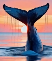  夕阳下鲸鱼尾巴露出海面(3)2847#竖屏 	 