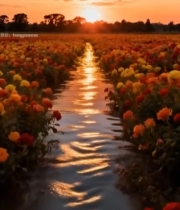  夕阳下花海与水面倒影景观2698#竖屏 	 