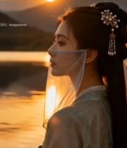  夕阳下湖畔古装女子侧影7171#竖屏 	 