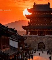  夕阳下的古风楼阁与行人5211#竖屏 	 