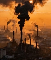  夕阳下工厂烟囱浓烟排放7826#竖屏 	 