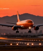  夕阳下飞机降落机场跑道3746#竖屏 	 