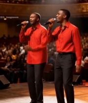  舞台上两位男士持麦演唱3916#竖屏 	 