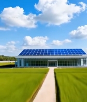  田野上带太阳能板的现代建筑2177#竖屏 	 