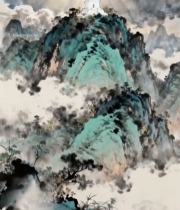  水墨风格山峰古塔风景素材6834#竖屏 	 