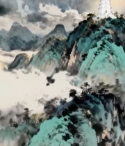  水墨风格山间宝塔风景素材3117#竖屏 	 