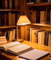  书房书桌前翻开的书籍与台灯4546#竖屏 	 