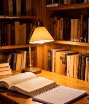  书房书桌前翻开的书籍与台灯4546#竖屏 	 