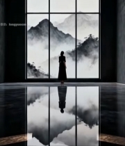  室内人物眺望窗外山水景色6173#竖屏 	 