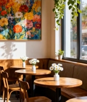  室内休闲桌椅与花卉装饰场景3617#竖屏 	 