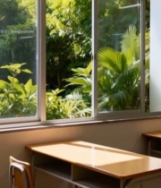  室内窗前绿植与书桌景象5083#竖屏 	 