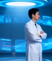  身着白大褂医生展示科技背景6598#竖屏 	 