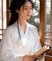  身着汉服女子窗边捧卷阅读789#竖屏 	 