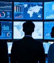  商务人士查看数据监控大屏1033#竖屏 	 