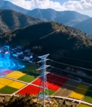  山区彩色农田与输电线路景观4252#竖屏 	 