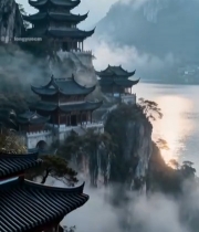  山水间古风楼阁风景7847#竖屏 	 