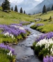  山间溪流旁的花卉与雪山风景6783#竖屏 	 