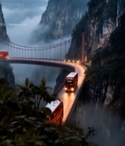  山间悬索桥双巴士行驶景象1763#竖屏 	 