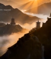  山间日出古塔自然风光1497#竖屏 	 