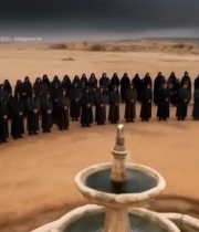  沙漠中众人围喷泉站立27#竖屏 	 