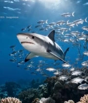  鲨鱼在海底与鱼群共游画面195#竖屏 	 