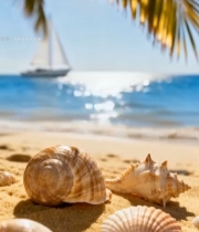  沙滩上的贝壳与海上帆船5977#竖屏 	 