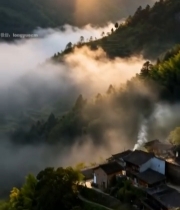 山村晨景炊烟袅袅4135#竖屏 	 