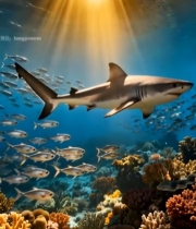  鲨鱼游弋于海底鱼群珊瑚间3182#竖屏 	 